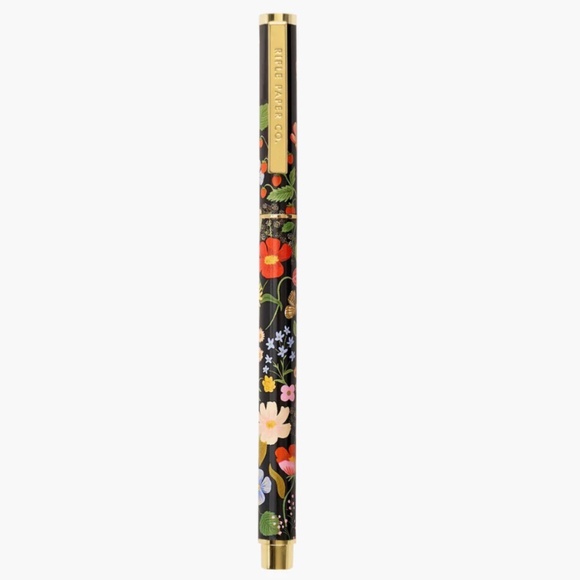 NIB Rifle Paper Co. Strawberry Fields Black Ink Pen with Floral and Gold Accents - Picture 1 of 5